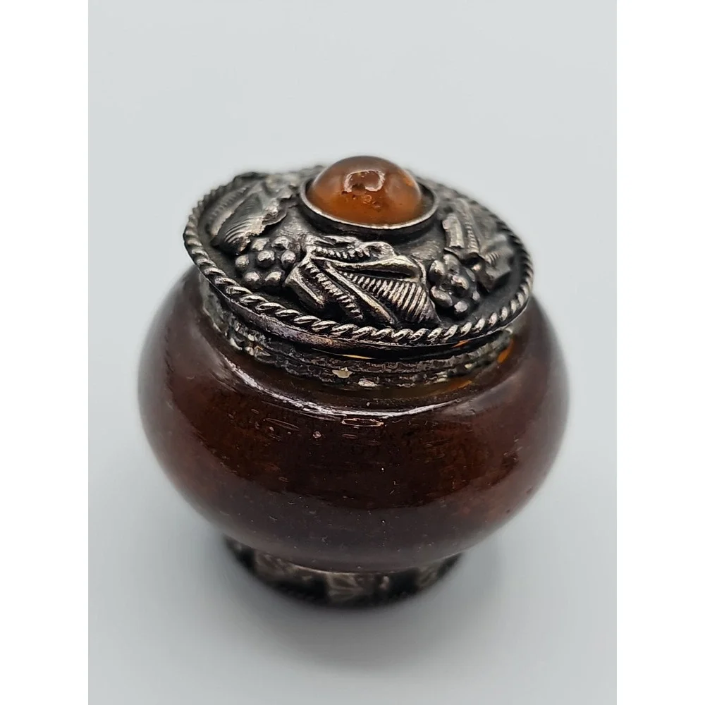 Vintage India Amber Glass Trinket Box Silver Tone Hinged Lid Footed Jewelry Box